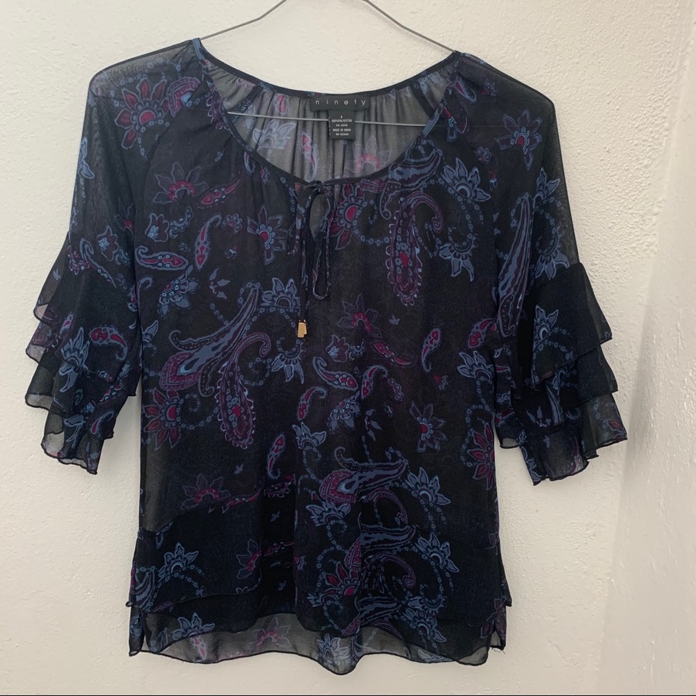 Ninety 3/4” Ruffle Sleeve Multi Sheer Blouse - S